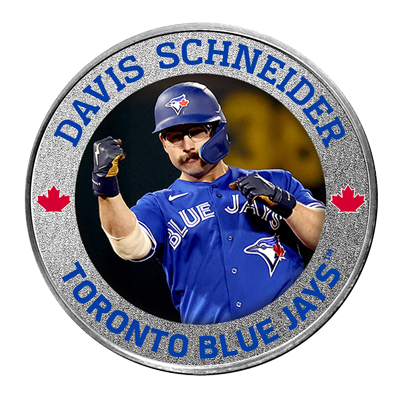A picture of a 1 oz Toronto Blue Jays .999 Pure Silver Colorized Round- Davis Schneider